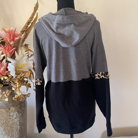 Rare VS Pink Y2K Sequined Cheetah Print Black & Gray Hoodie Small - Picture 3 of 9